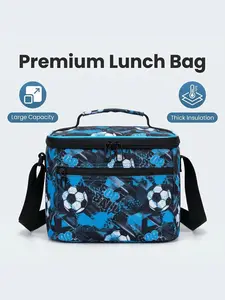 Sporty Football Basketball Print Insulated Lunch Bag, Large Capacity Portable Food Storage Pouch, Available in 4 Colors