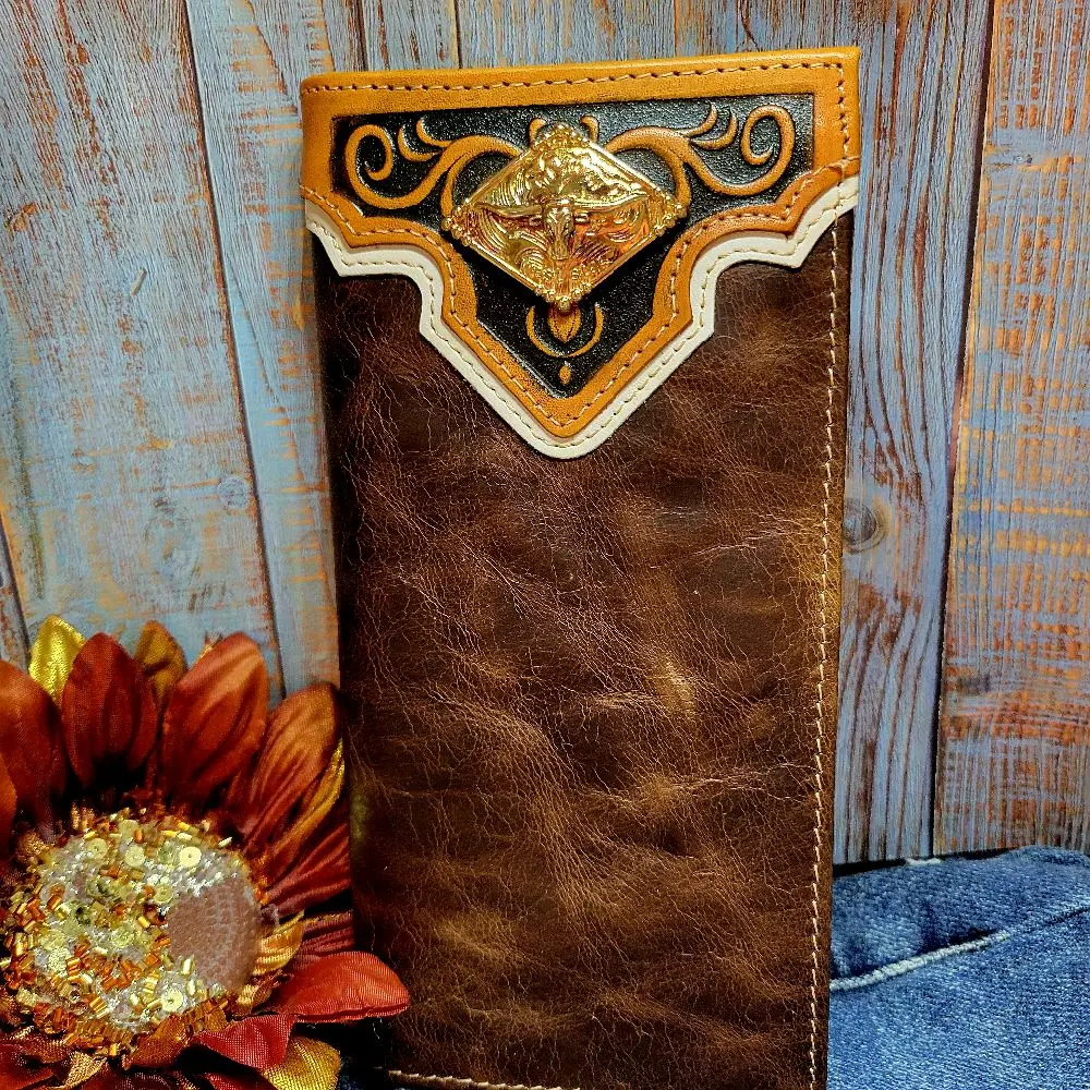 Longhorn Western Genuine Leather Wallet Handtooled Bi-Fold 7 Inches Long with 13 Credit Card Slots, 4 Cash Compartments & Back Pocket brown and teal