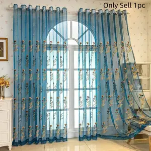 1pc Blue Embroidered Sheer Curtains, European Style Drapes, Casual Home Decor, 86x90 Cm Window Covering, Elegant Floral Design, Home Decoration Curtain