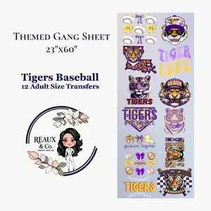 Tigers Baseball Themed Gang Sheet 23x60 12 Adult Size Transfers Purple and Gold DIY Material Perfect for Themed Parties