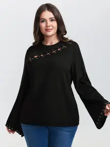 【Summer Turn-Up】BlOOMCHIC Plus Size Peek-A-Boo Cut-Out Neckline T-shirt - Black Long Sleeve Bell Sleeve Regular Fit Medium Stretch Timeless Style Fabric Garment Womenswear Blouses Tops [M-6X] 2026 Summer Pick for Mother's Day