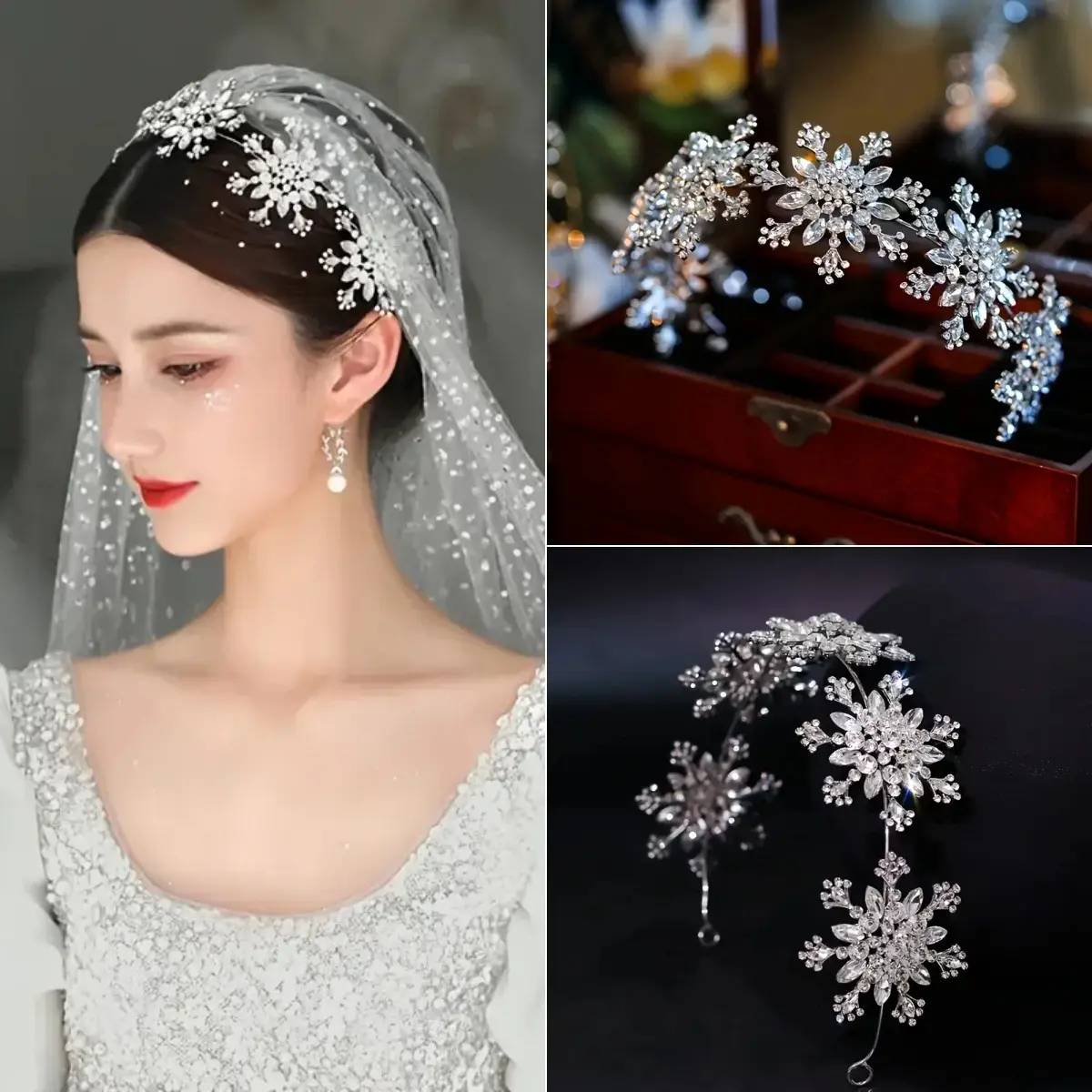 Crystal Snowflake Bridal Headband – Shiny Winter Aesthetic, Elegant Wedding Hair Accessory for Bride