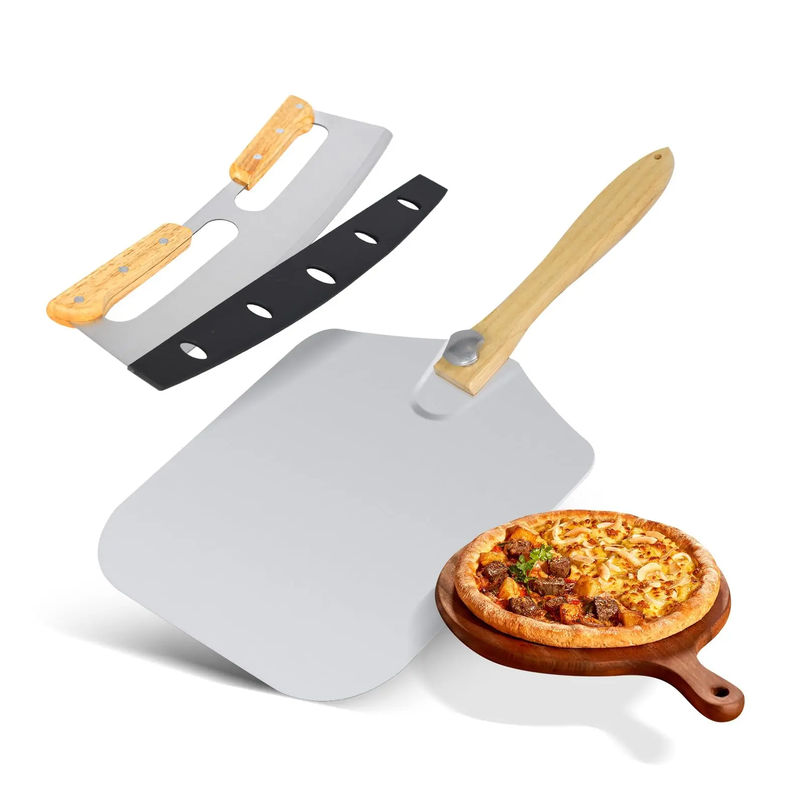 Hakka Aluminum Pizza Spatula & Cutter Set - 12x14 in Pizza Peel with 11 in Foldable Wooden Handle, 13.78 in 430 Stainless Steel Blade, Kitchenware Utensils with Handle