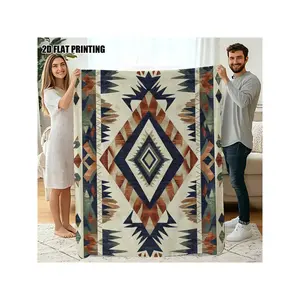 Bohemian Tribal Geometric 2D Flat Printed Throw Blanket - Rust, Navy & Beige Cozy Accent Blanket