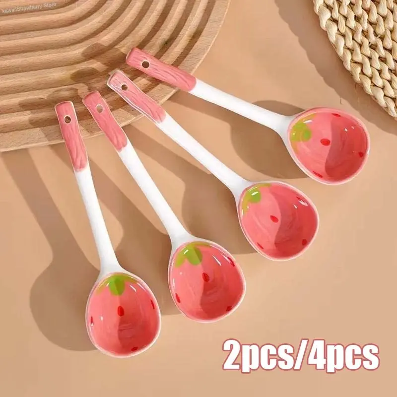 2/4pcs Ceramic Soup Spoons Set, Cute Kawaii Strawberry Design, Porcelain Spoons Tableware Utensils Cutlery for Coffee, Tea, Yogurt, Ice Cream, Appetizers & Desserts