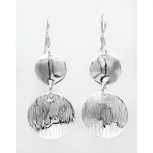 Lined and Sleek Silver Disk Earrings