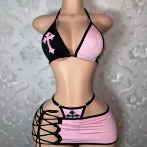 Women's Edgy Sexy 2-Piece Matching Set - Black and Pink, Statement Cross Details, Side Tie Accents, Ideal for Bold Fashion Statements