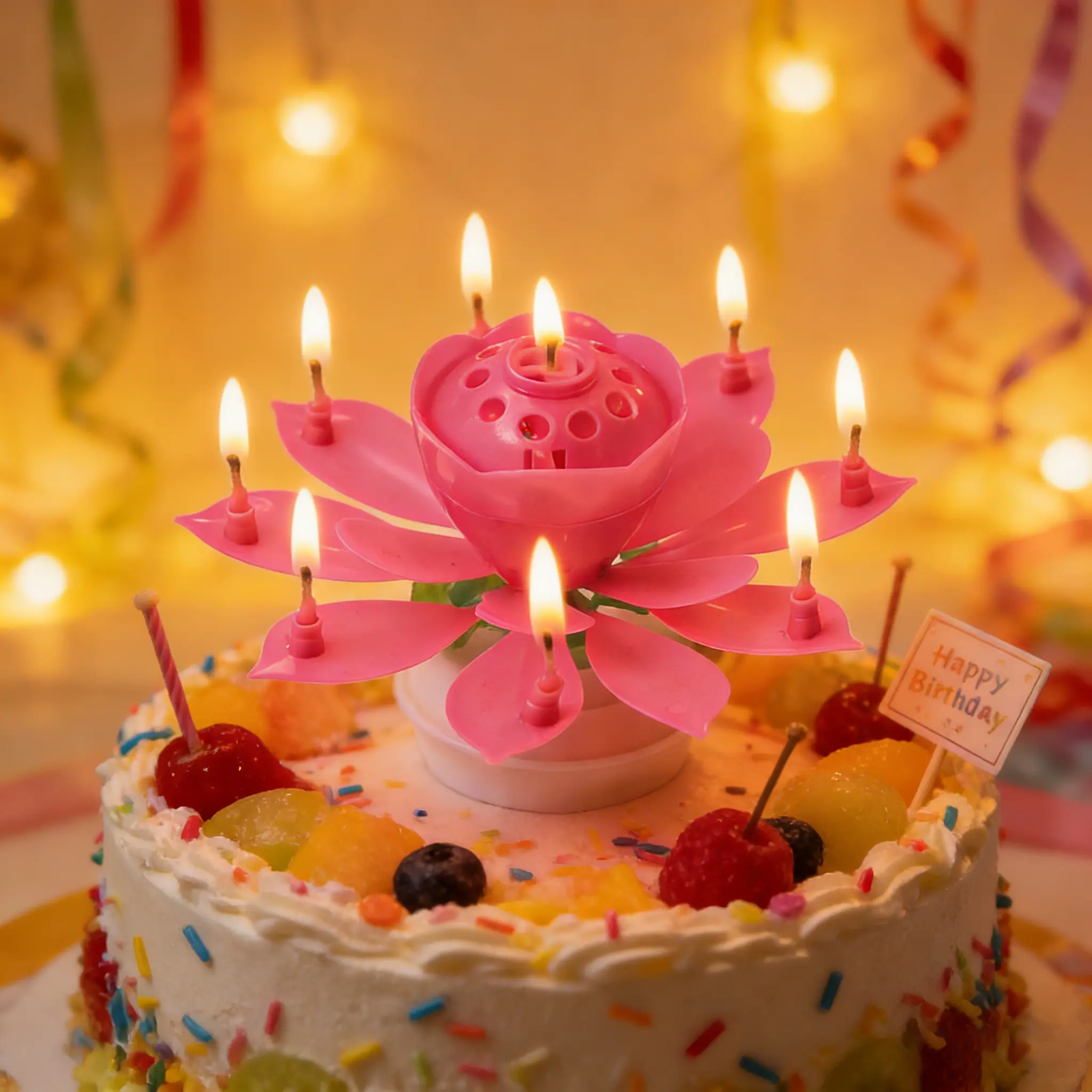 Music Lotus Birthday Candle, Pink Auto-Blooming Rotating Flower Cake Decoration, Plays “Happy Birthday” Song, Suitable for Birthday Cakes and Party Celebrations