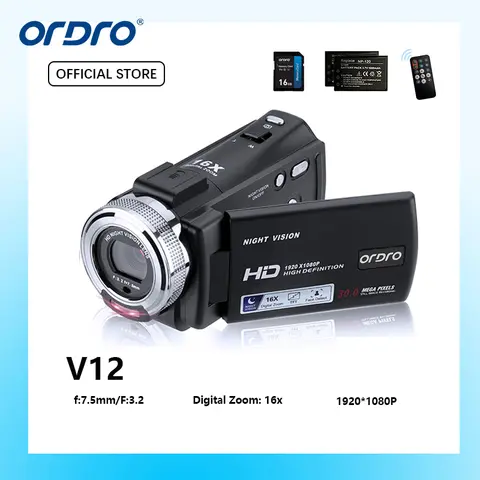 ORDRO HDV-V12 Vintage Digital Camcorder, 1080P HD Compact Portable Video Recorder with 2.4 Inches Display, 16x Zoom, Enhanced Night Vision, Audio Capture, Remote Control, 16GB Memory Card, 2 Batteries, USB Port for Hiking, Light Outdoor Use