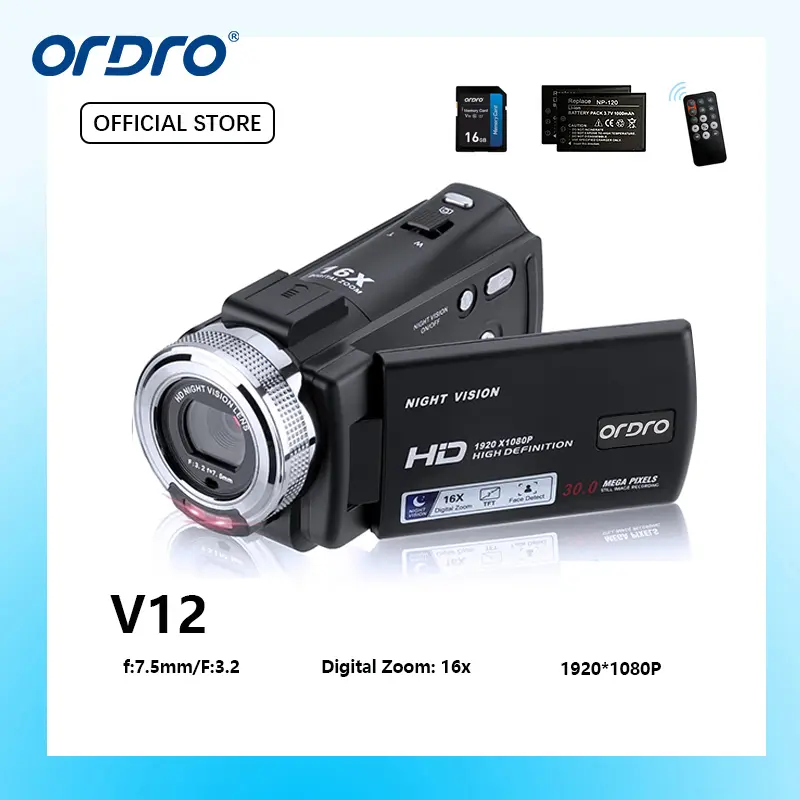 ORDRO HDV-V12 Camcorders HD 1080P Video Camera Recorder Infrared Night Vision Camera Camcorders with 16G Memory Card and 2 Batteries