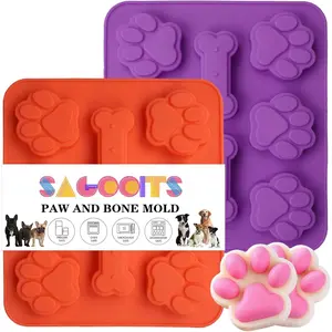 2 Pack Puppy Dog Paw and Bone Shaped 2 in 1 Silicone Molds Reusable Non-Stick Ice Cube Trays & Candy Chocolate Molds for Homemade Dog Treats Pudding Baking Biscuit Red Purple