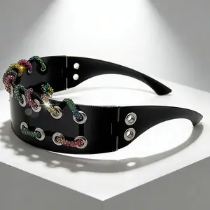 Retro Punk Frameless Decorative Goggles for Women And Men Black Patent with Red Rhinestone for Women Men Rave Party Cosplay Festival ,Fashion Accessory