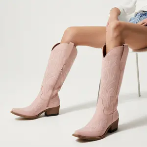Pink Short Tall Cowgirl Boots with Delicate White Embroidery Sturdy Wooden Heel Pointed Toe Design for Casual Wear