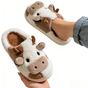 Women’s Cartoon Cow Slippers, Cute Fluffy Plush Fuzzy House Shoes for Indoor Outdoor, Cozy Kawaii Animal Slippers for Women and Men