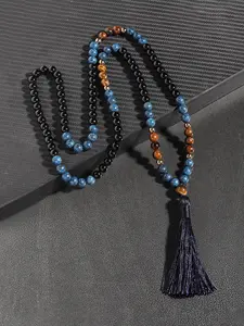 Men's Long Blue Tiger Eye Beaded Necklace, Tassel Pendant Sweater Chain, Energy Balancing Accessory for Commuting & Casual Wear, Crystal Pendant, Beaded Pendant Necklaces