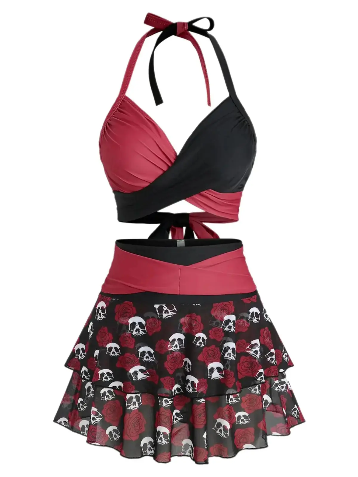 Black & Red 1980s Gothic Skull Rose Halter Skirt Swimsuitsummer outfits beach essentials vacation outfits Piece Set Clothes Black & Red 1980s Gothic Skull Rose Halter Skirt Swimsuitsummer outfits beach essentials vacation outfits Piece Set Clothes