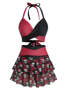 Black & Red 1980s Gothic Skull Rose Halter Skirt Swimsuit