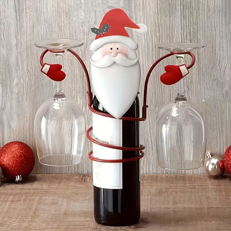 Christmas Wine Bottle and Glass Holder Set - Decorative Santa & Snowman Wine Rack, Festive Tabletop Display, Holiday Dining Decor, Perfect for Gifting