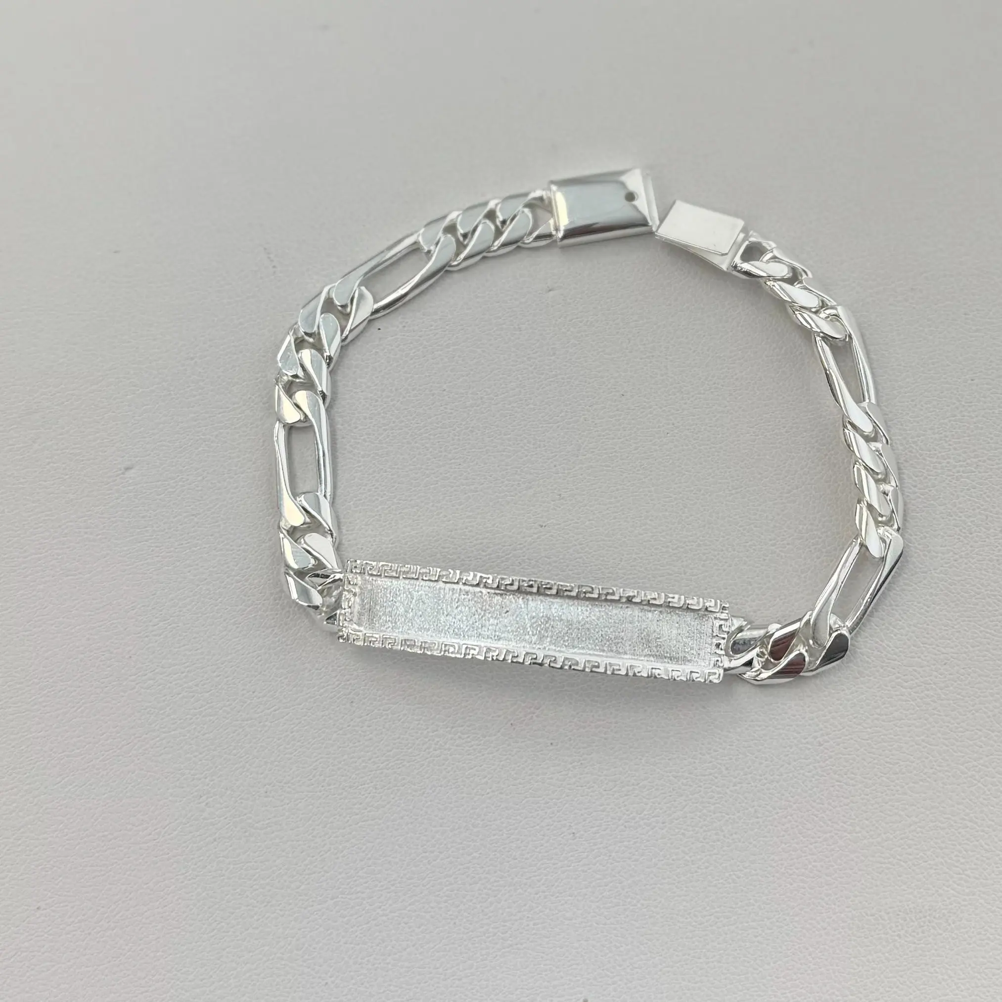 Sterling Silver Figaro Link Bracelet, Greek Border 10mm, Engravable Bracelet, Made in Mexico (Please Add Name to "Add Notes" Section