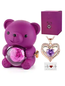 Romantic Teddy Bear Heart Shaped Pendant Necklace Engraved Jewelry with Engraved Rose, Elegant Gift Box, Perfect for Women, Valentine's Day, Wedding, Mother's Day