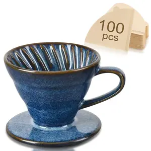 Ceramic Coffee Dripper Filter, 60degree Tapered Hand Brew Coffee Cup, 100pcs Paper Filters, Reusable Porcelain, Portable Pour-Over, Blue