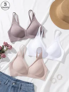 3 pieces / 4 colors Seamless jelly wireless women's underwear Fixed chest pads with adjustable straps bra Four-row two-hook S-XXL sizes Gathering, anti-sagging, high-support sports vest Suitable for daily casual / sports Seamless women's bra