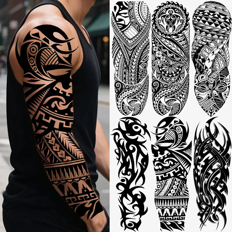 6 Sheets Full Arm Temporary Tattoo Stickers, Tribal Polynesian Design, Waterproof Long-Lasting Realistic Fake Tattoos for Men Women Halloween Party, Tattoo For Beginners