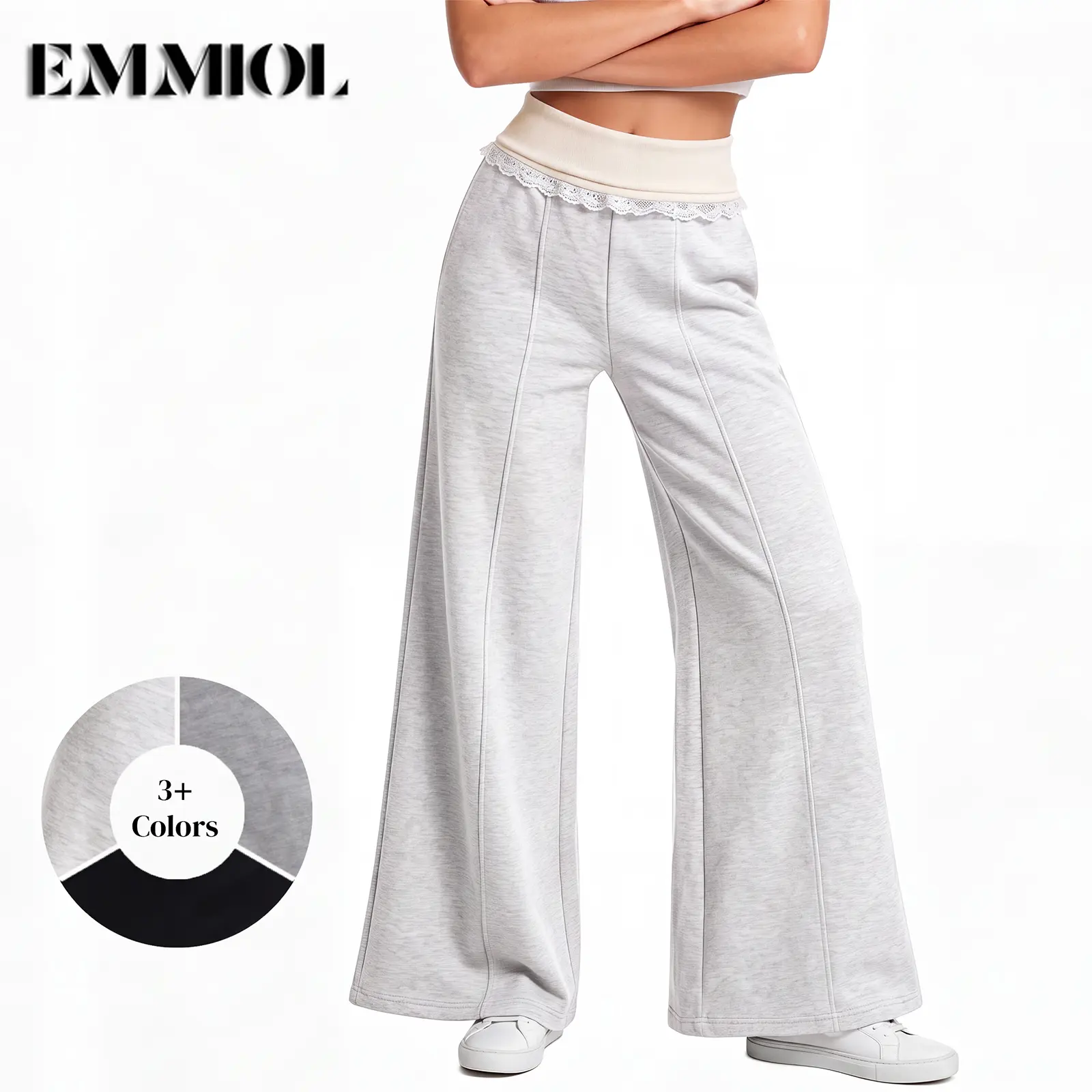EMMIOL【Back to School】Wide Leg Sweatpants Women Foldover Lace Trim Baggy Lounge Pants | Stretchy Yoga Pants,Y2K Look,Back to School Outfits