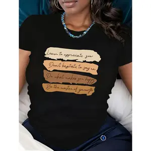 Empowering Women's Black Print T-Shirt with Inspirational Quotes, Soft Cotton 180g Crew Neck Short Sleeve - Learn to Appreciate You, Say No with Confidence, Find Happiness, Master Your Own Flow