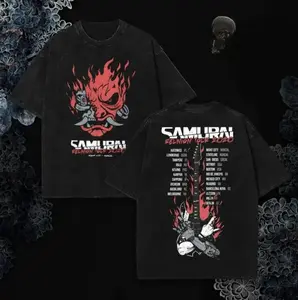 Samurai Reunion Tour Two Sided Vintage Washed Graphic Tee Cyberpunk 2077 Inspired Unisex Oversized Premium Cotton Rock Band Streetwear Crewneck Short Sleeve Casual Top Ideal Gift For Game And Music Fans Everyday Fashion Outfit
