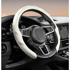 Anti-Slip Leather Perforated Steering Wheel Cover 5D Sporty Round Design Sweat-Absorbent Breathable Unisex All-Season Car Accessory for Comfort and Style