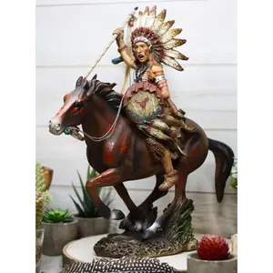 Indian Chief Eagle Warrior War Headdress On Horse Throwing Spear Figurine 13"H