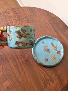 Handmade Rustic Blue Ceramic Mug Set, 270ml Vintage Stoneware Coffee Cup with Rope Handle & Watermelon Pattern, Includes Saucer