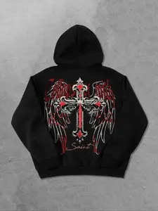 Men's Hooded Sweatshirt with Religious Elements, Back Print Featuring Cross and Wings, Dark Style with Cultural Fusion