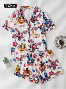 Women's Fitted Sleepwear Set, All-Season Comfortable Short Sleeve Top & Elastic Shorts, Casual Home Wear, Stylish Ladies' Pajamas