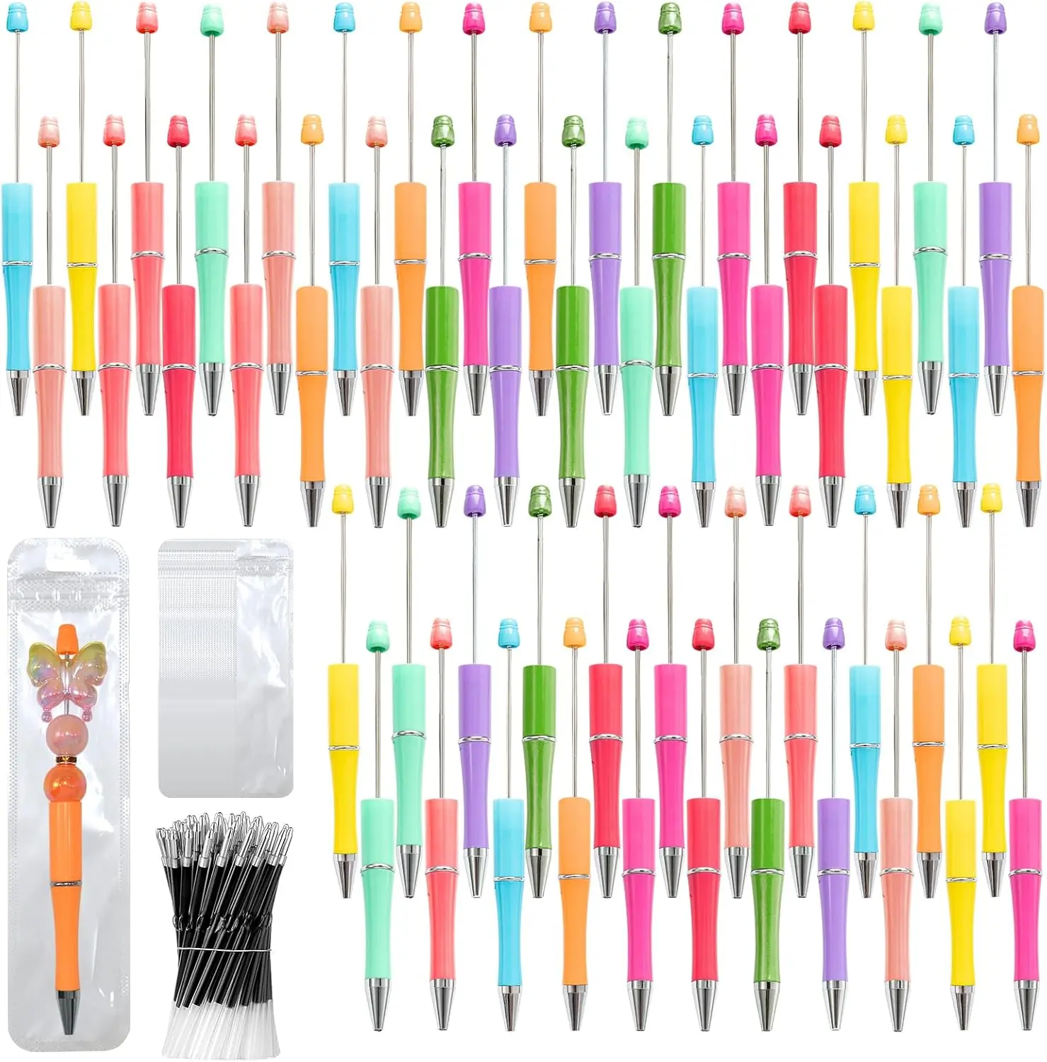 150 count DIY Beadable Pens Kit - 50 plastic Beadable Pens Bulk, Refills & pen bags Included - Beaded Pens Black Ink Ballpoint Cute PensBright