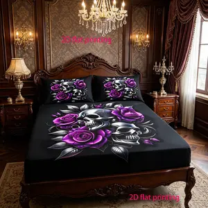 2-piece Halloween Purple Rose Steel Skull Pattern Bed Sheet Set 1 Bed Sheet+2 Pillowcases (excluding pillow core)