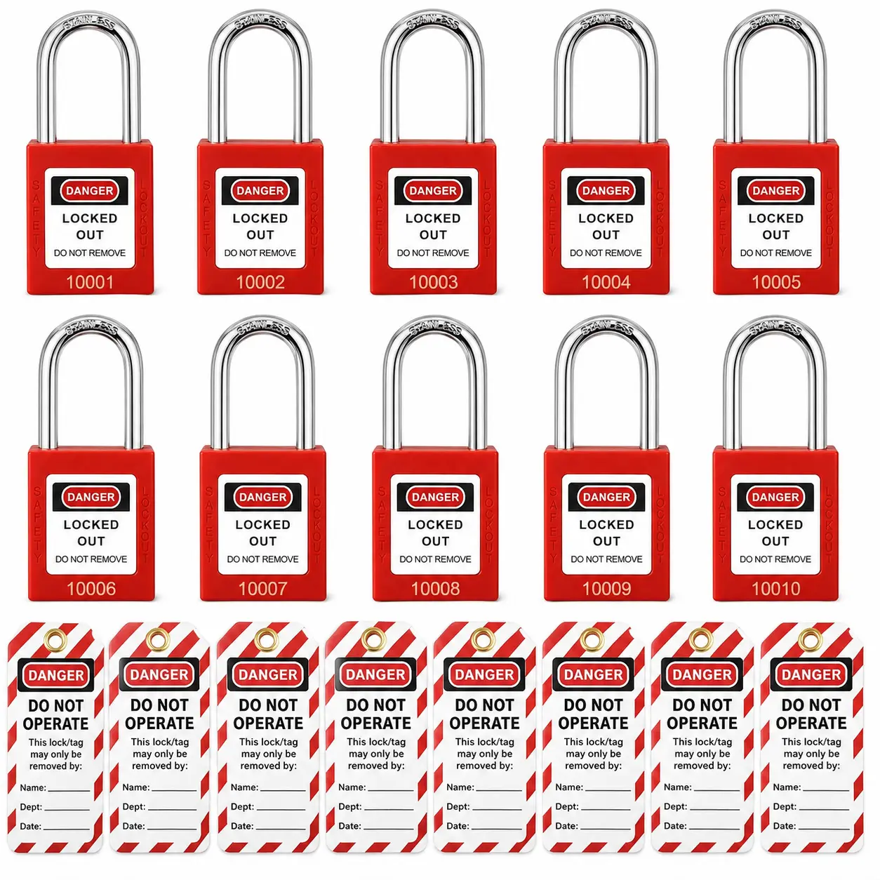 Lockout Tagout Locks Set-10 Red Safety Padlocks, 2 Keys Per Lock, with 10 Tags