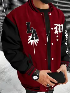 Men's Baseball Jacket La Coconut Tree M Pattern Design, Warm Comfortable Casual Wear for Autumn and Winter, Fitted Mixed Fabric Coat, Casual Fashionable Jacket