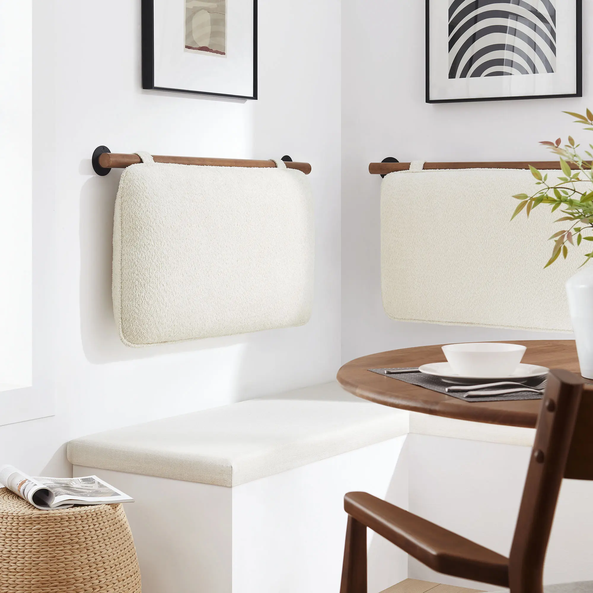 Anela Wall-Mounted Chenille Upholstered Twin Headboard in Cream Walnut