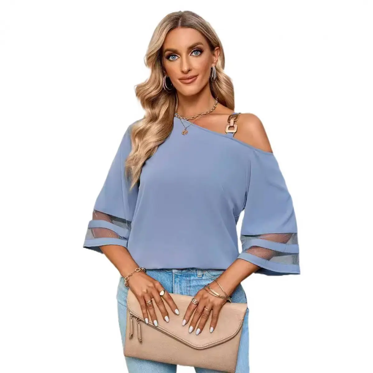 Women's Minimalist Asymmetric Neck Blouse - Soft Jersey Fabric, Single-Strap Pullover, Collared Neck, Half Sleeve, No Shoulder Design, Normal Type Relaxed Fit, Metallic Casual Statement Top, Asymmetrical Neck