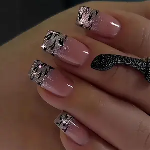 Press on Nails Short Square French Tip Fake Nails with Glitter and Leopard Print Designs Reusable Full cover Stick on False Nail Set for Women 24 Pcs