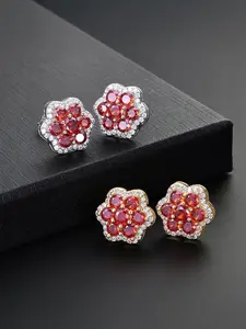 1 Pair Of ICED CHICS Large Exaggerated Red Plum Blossom Stud Earrings, Hip-hop Fashion Earrings, Hypoallergenic CZ Earrings, Suitable for Both Men and Women, Copper Inlaid Zircon, Stable Coating without Allergic Reaction, Hypoallergenic Material