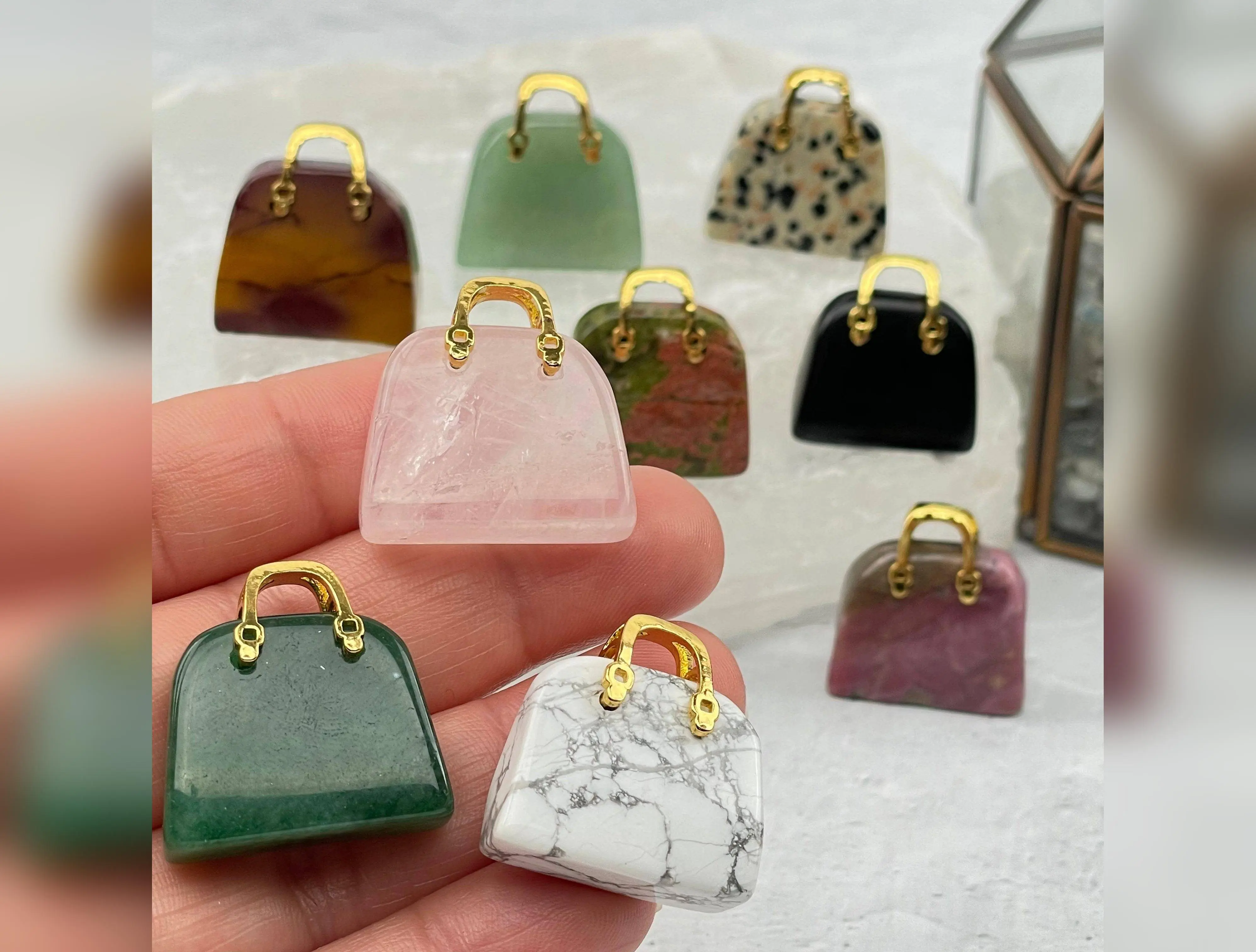 GA Crystal Gemstone Purses with Gold Tone Handles: Green Aventurine