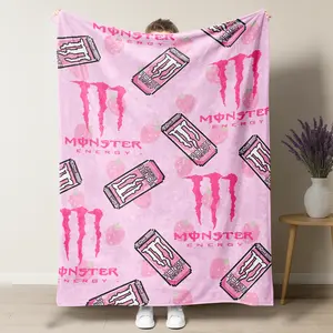 Monster Energy Pixel Art Can With Pink Strawberry Throw Blanket Soft Coquette Room Decor Blanket Soft Lightweight Cozy Flannel Blankets for Couch Sofa Bedding Gifts