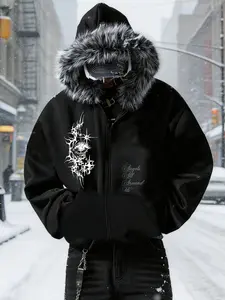 Demon Eye Zip Long Sleeve Hoodie, Fuzzy Collar Print Hoodie, Unisex Dark Style, American Streetwear, Trendy, Skateboard, Fall & Winter