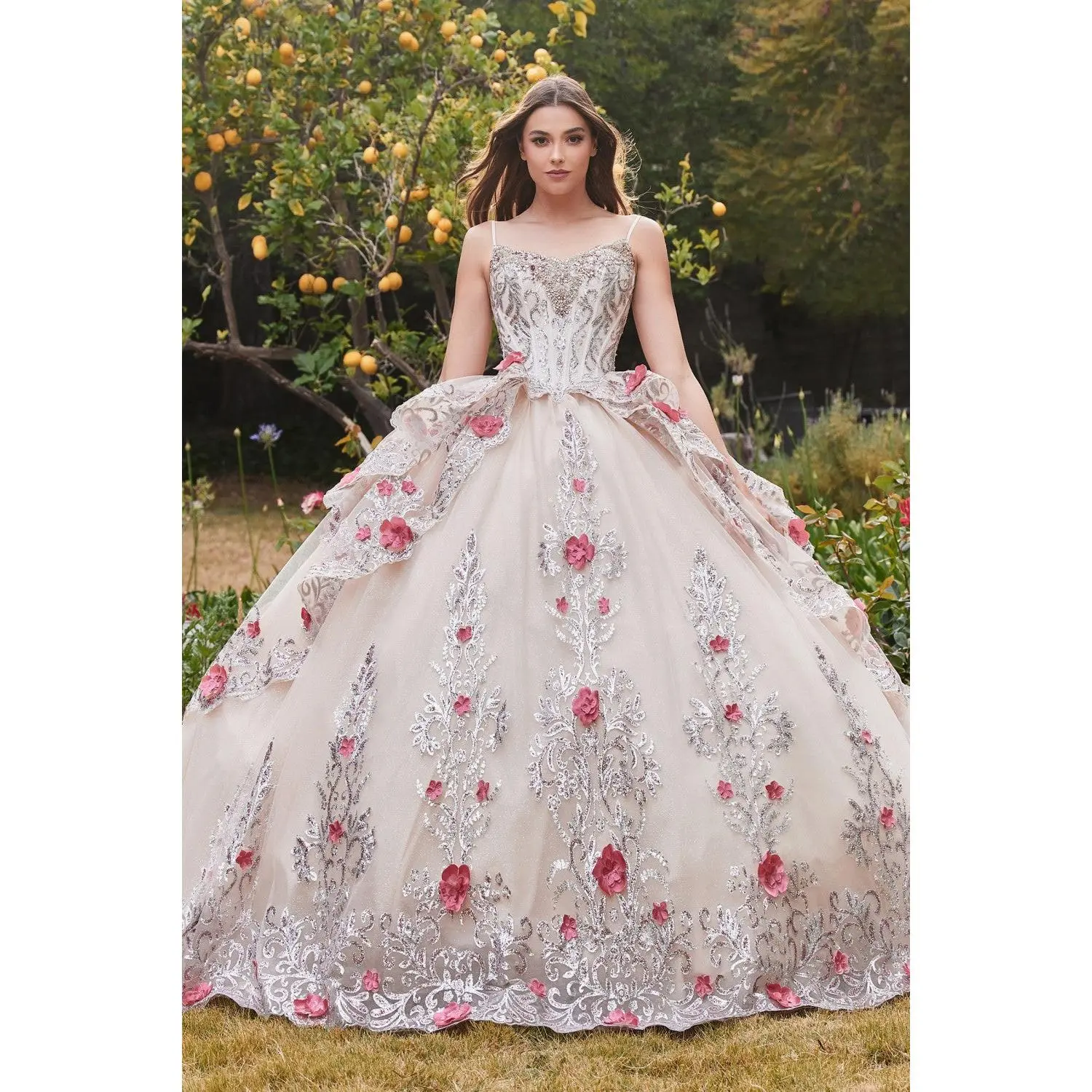 Layered Tulle Ball Gown With Foral Applique By Cinderella Divine -15703