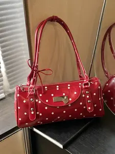 Ladies' shoulder bag, shiny and fashionable, simple dot print, personalized bow and ribbon decoration, suitable for travel, shopping, dating, gift giving, ladies' handbags, commuting for office workers, simple and versatile