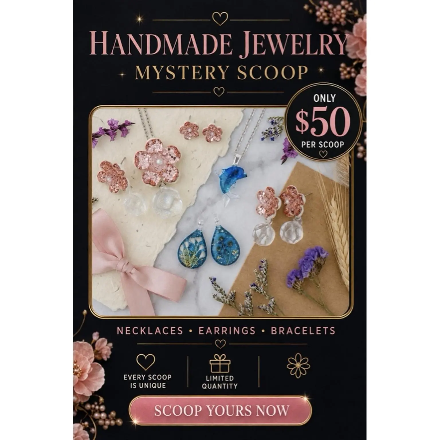 Mystery One Premium Handmade Glass Jewelry - 3+ Pieces per Scoop - Unique Necklaces Earrings Bracelets - Limited Quantity