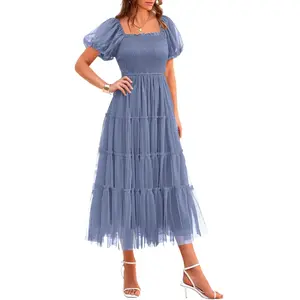 Women's Smocked Midi Tulle Dress Summer Puffy Short Sleeve Square Neck Ruffle Wedding Guest Party Dresses